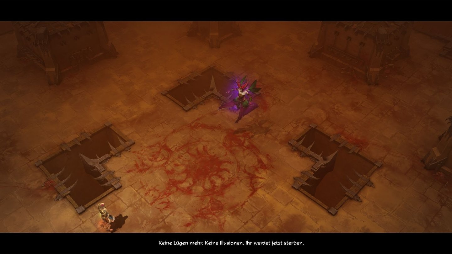 Diablo 3 - Bilder aus der Test-VersionGefährliche Begegnung mit Magda: Die Boss-Gegnerin versperrt den Weg und droht Ihnen mit dem Tod.