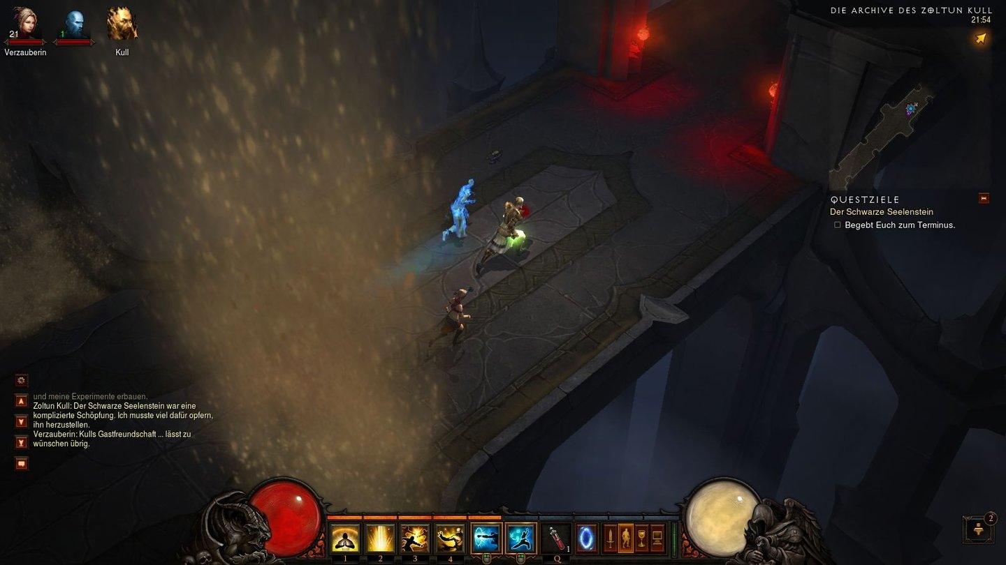 Diablo 3 - Bilder aus der Test-VersionZoltun Kull ist nicht sehr gastfreundlich. Der Mini-Boss bringt die Decken des Archivs zum Einstürzen und will so verhindern, dass der Schwarze Seelenstein in Ihre Hände fällt.