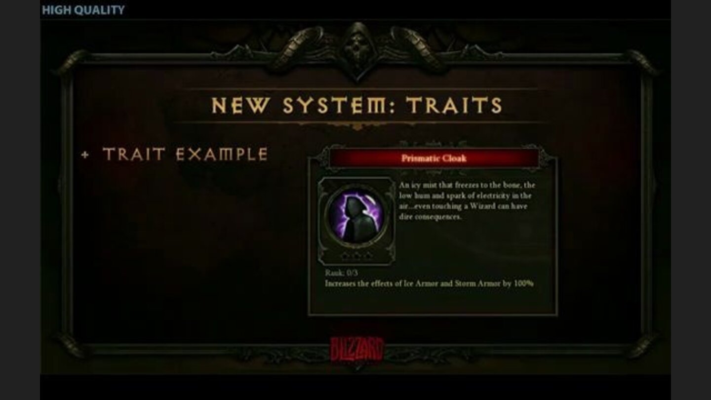 Draussen: TraitsZwischenzeitlich hatte sich Blizzard das passive System ganz anders gedacht. So sollte sich alle Klassen einen TraitBaum teilen und bei Erreichen einer ungeraden Erfahrungsstufe (also 3, 5, 7 und so weiter) ein neues Trait aus diesem Baum wählen dürfen, das spezielle Boni freischaltete, beispielsweise den Schwertschaden erhöhte oder die Lebenspunkte beschworener Kreaturen verdoppelte. Klingt kompliziert? War es auch, und deshalb stampfte Blizzard das TraitSystem irgendwann wieder ein und ersetzte es durch die passiven Fähigkeiten.