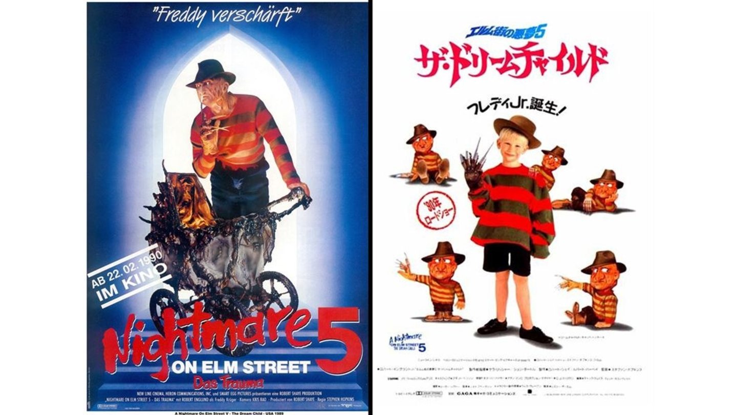 Die kuriosesten Filmposter aus aller Welt: Nightmare on Elm Street 5 – Das Trauma (links: Deutschland; rechts: Japan)