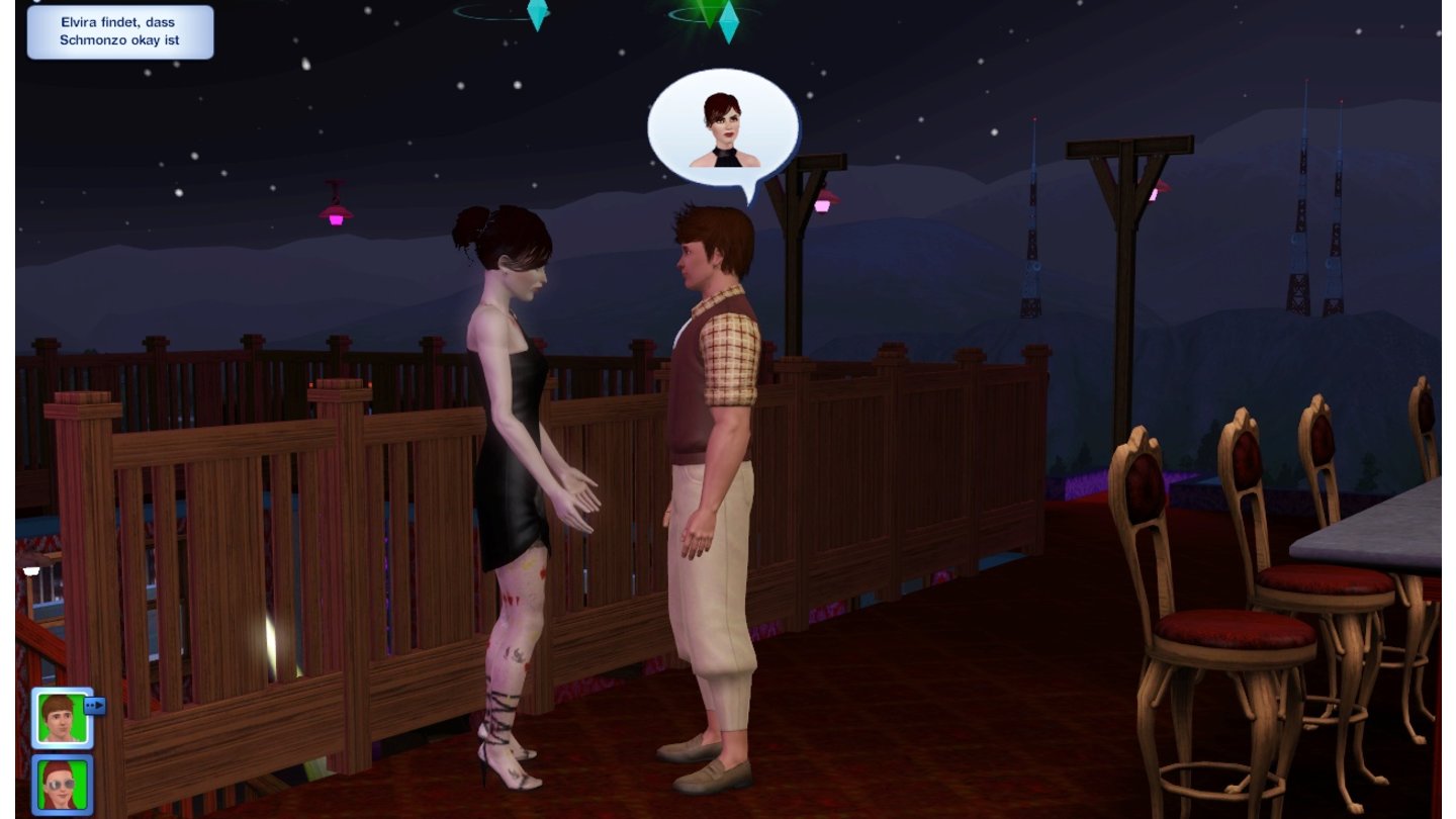 Die Sims 3: Late NightEinen Vampir kann man nicht erstellen, sondern muss sich im Spiel beißen lassen. Dazu muss unser Sim Schmonzo (rechts) erst mal einen Vampir finden und sich mit ihm anfreunden.