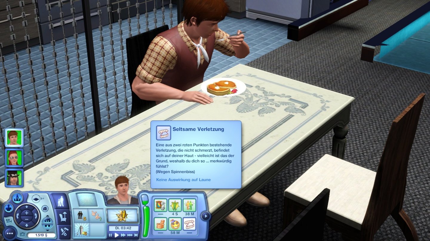 Die Sims 3: Late NightAls Resultat merkt Schmonzo erst mal gar nichts, normales Essen scheint ihm noch bestens zu schmecken. Aber da ist diese juckende Bisswunde ...