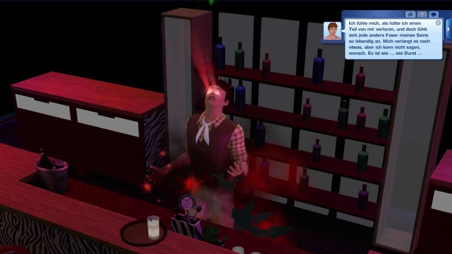 Die Sims 3: Late NightIn der folgenden Nacht durchfährt Schmonzo mitten bei der Arbeit ein Schock. Er verwandelt sich in einen Vampir.