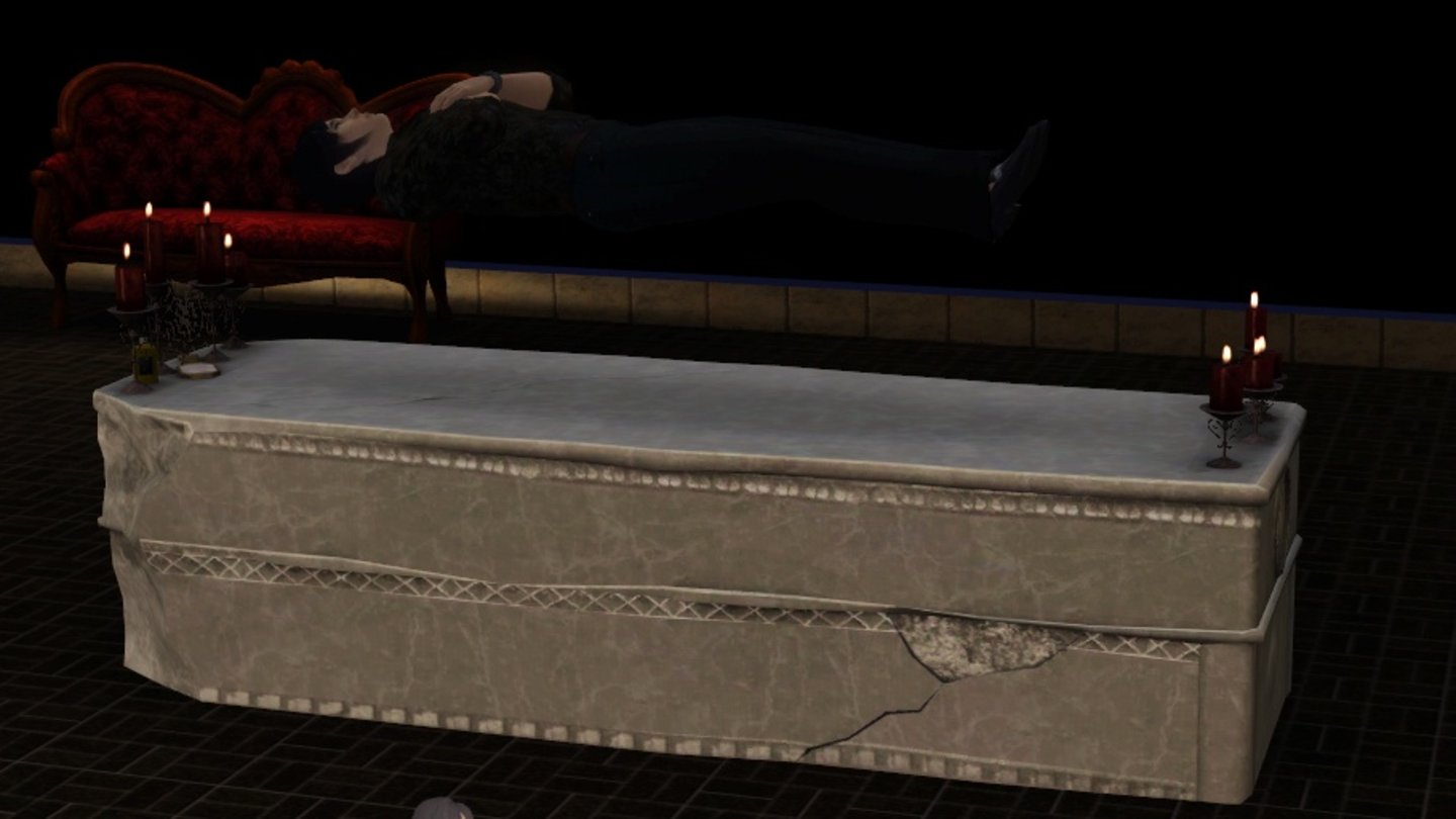 Die Sims 3: Late NightAls Vampir hat Schmonzo diverse Vor- und Nachteile. Auf Sarkophagen im Schwebeschlaf zu ruhen ist dabei nur ein Gimmick, er kann auch weiter im normalen Bett ratzen.