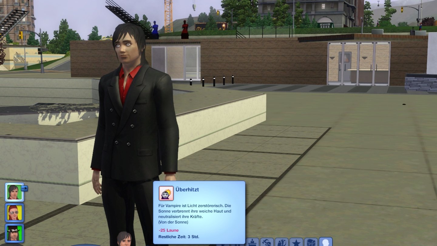 Die Sims 3: Late NightKlar: Vampire stehen nicht auf Sonnenlicht. Wenn Schmonzo zu lang im Hellen unterwegs ist, fängt er an zu brutzeln und verliert seine Vampirfähigkeiten.
