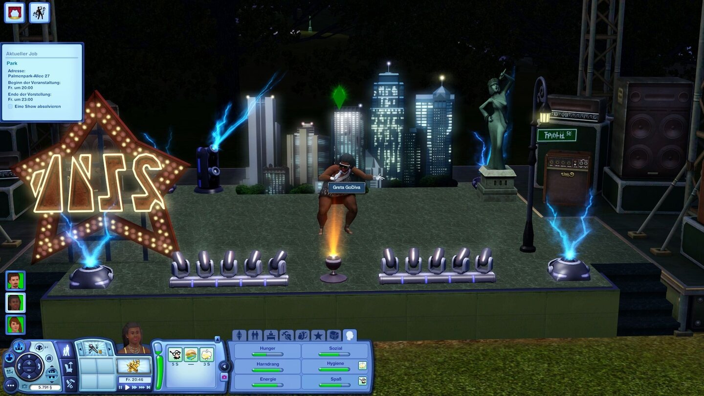 Die Sims 3: ShowtimeShowbühne: Mit mehr Geld können wir aufwändigere Bühnenshows gestalten und mit steigendem Karriere-Level stehen uns mehrere Stücke und Einlagen zur Unterhaltung zur Verfügung.