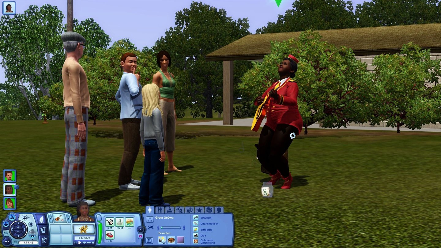 Die Sims 3: ShowtimeIrgendwie demütigend: für ein mickriges Trinkgeld im Park vorzuspielen.