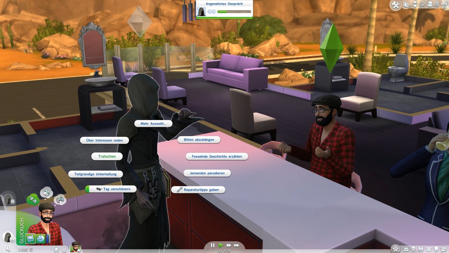 Die Sims 4 - Screenshots aus der Test-VersionEigentlich wollte der Tod ja nur einen verstorbenen Barkeeper abholen, aber wir freunden uns mit dem Sensenmann an.