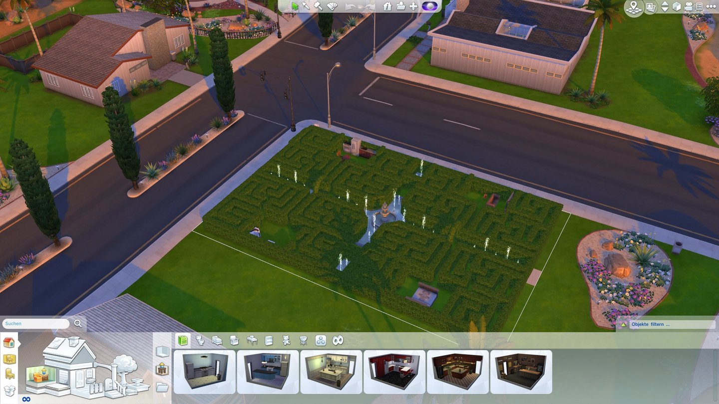 Die Sims 4 - Screenshots aus der Test-VersionWir laden ein Heckenlabyrinth aus der Community-Galerie und dekorieren damit die Nachbarschaft. Die einzelnen Stadtviertel dürfen wir nämlich editieren.