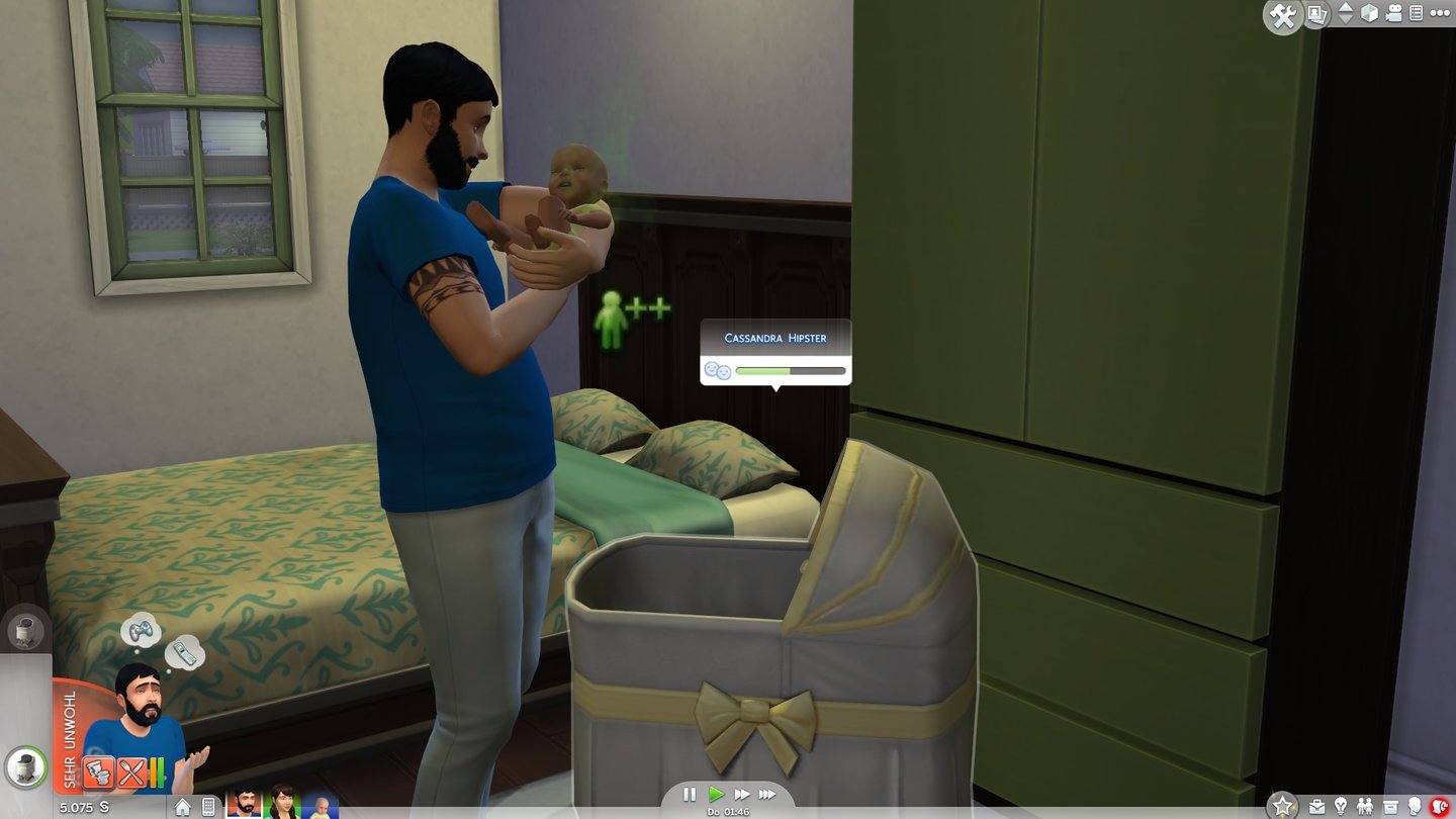 Die Sims 4 - Screenshots aus der Test-VersionMein Baby, das Objekt: Säuglinge sind nun ein Einrichtungsgegenstand, man kann aber mit ihnen interagieren. Dieser hier hat offensichtlich volle Windeln, lieber schnell wechseln.