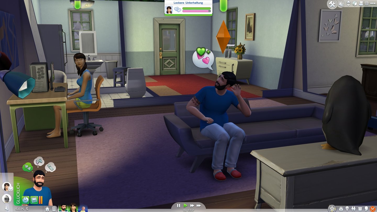 Die Sims 4 - Screenshots aus der Test-VersionDas perfekte Date: Er sieht fern, sie zockt, und gleichzeitig wird eifrig geflirtet. Nun sind nämlich mehrere Aktionen gleichzeitig möglich.