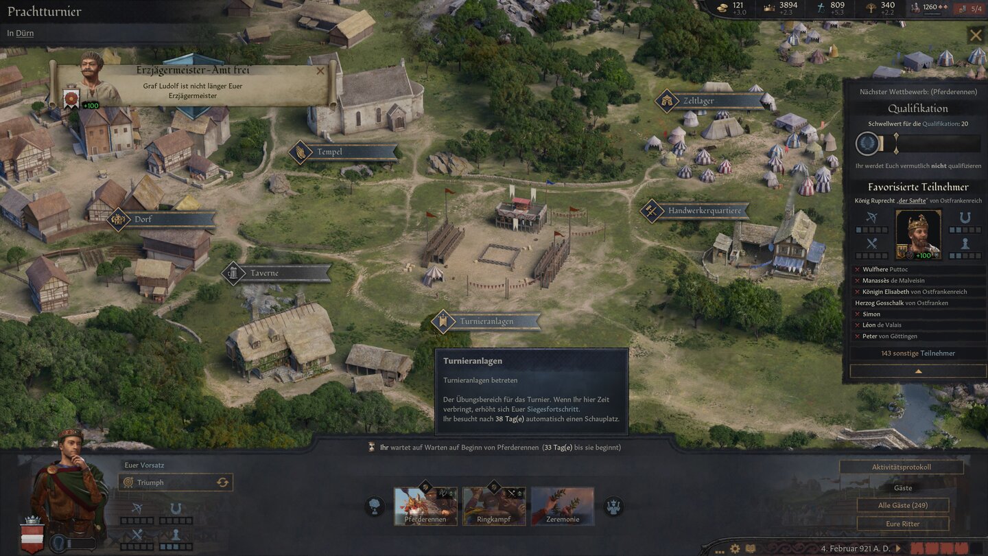 Die Turniere sind ein zentraler Baustein des DLCs. In einem eigene Interaktionsfenster habt ihr die Wahl, wie ihr eure Zeit nutzen wollt.