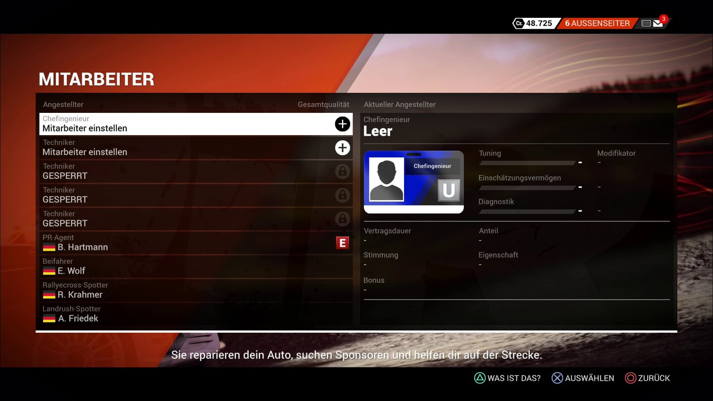 DiRT 4Im Karriere-Modus muss man auch Personal wie Chefmechaniker oder Techniker einstellen.