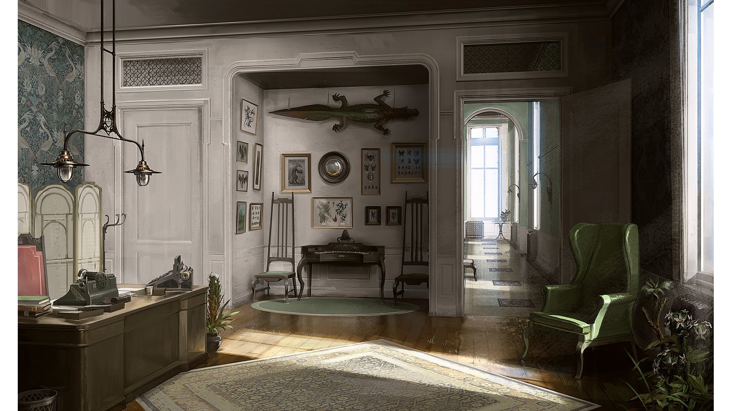 A Southern Victorian InteriorWith this image we wanted to mix a British curiosity cabinet with a rich interior from Cuba or Italy. The goal was to create a contrast between Dunwall (location of the first Dishonored game) and Karnaca (primary location of Dishonored 2) in terms of tone and lighting.