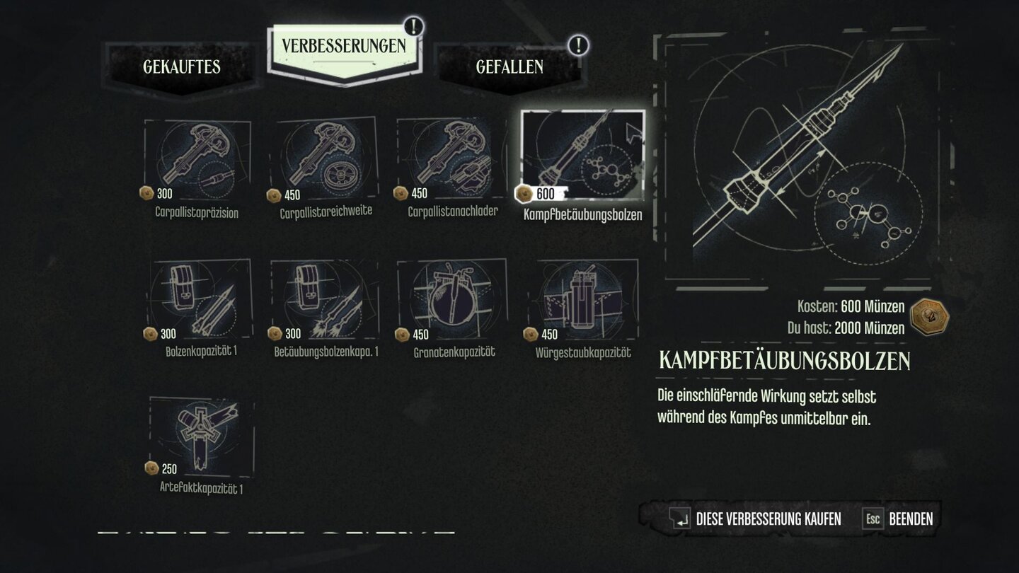 Dishonored - The Knife of DunwallZwischen den Missionen kaufen wir Ausrüstung und Verbesserungen auf dem Schwarzmarkt.