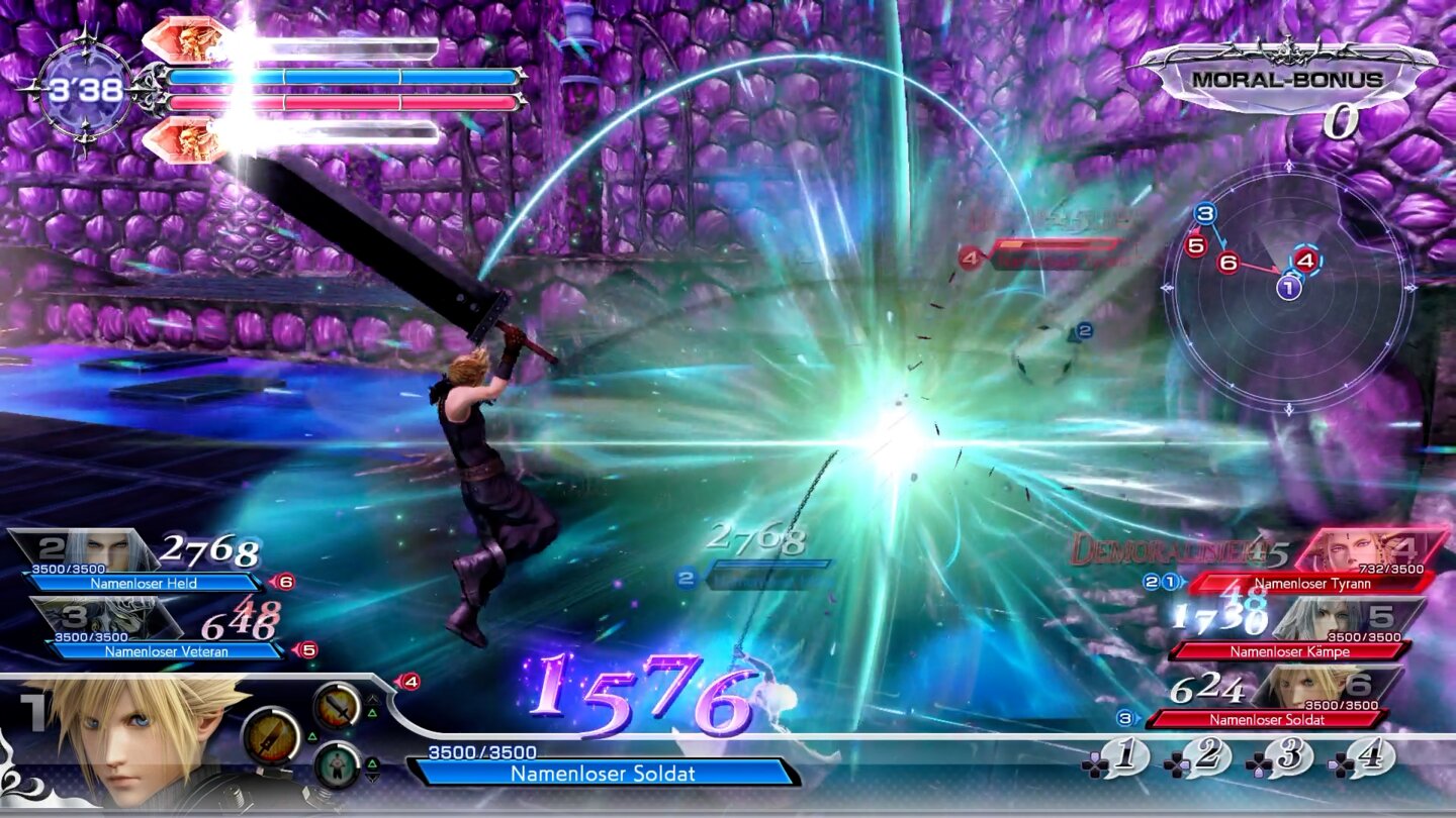 Dissidia Final Fantasy NTDie große 1576 im Bild ist die Anzeige für den potentiellen HP-Schaden, den ihr angesammelt habt. Leuchtet die Ziffer violett, reicht die Kraft aus um einen Gegner K.O. zu schlagen.