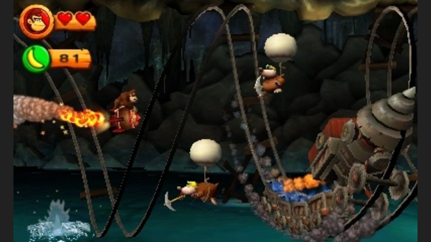 Donkey Kong Country Returns 3DBeim Ritt auf dem Raketenfass ist Geschicklichkeit gefragt. Wer zu ungestüm auf die Tasten hämmert, riskiert einen Zusammenstoß.