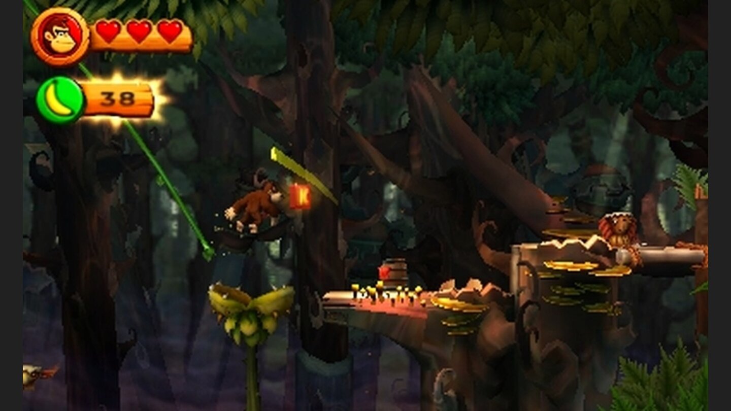 Donkey Kong Country Returns 3DVon Liane zu Liane schwingt sich Donkey Kong über tiefe Abgründe und fleischfressende Pflanzen hinweg.
