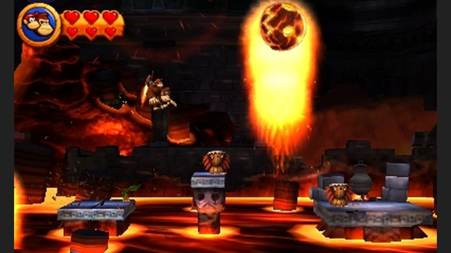 Donkey Kong Country Returns 3DDiese großen Feuerbälle lassen sich nicht einfach mal so auspusten. Gegen manche Gegenr wirkt ein kleiner Lufthauch aber wahre Wunder.