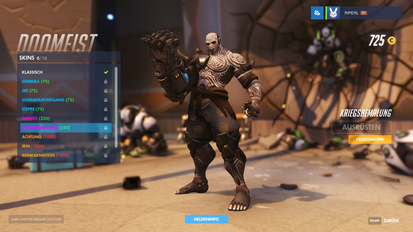 OverwatchDoomfists Skin Kriegsbemalung kostet 250 Coins.