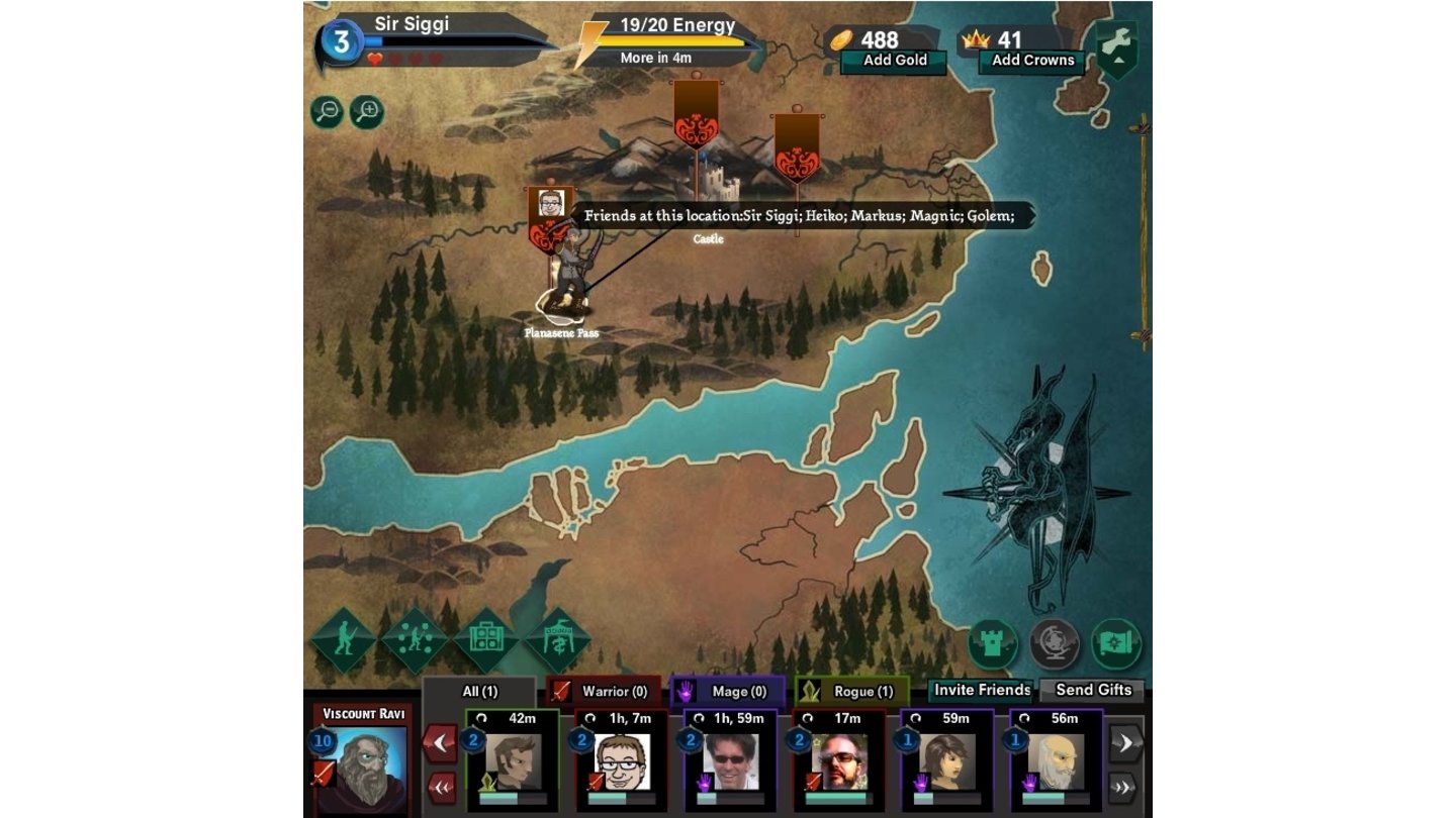 Dragon Age: LegendsDie Weltkarte zeigt, welche Facebook-Freunde in der Nähe und anheuerbar sind.