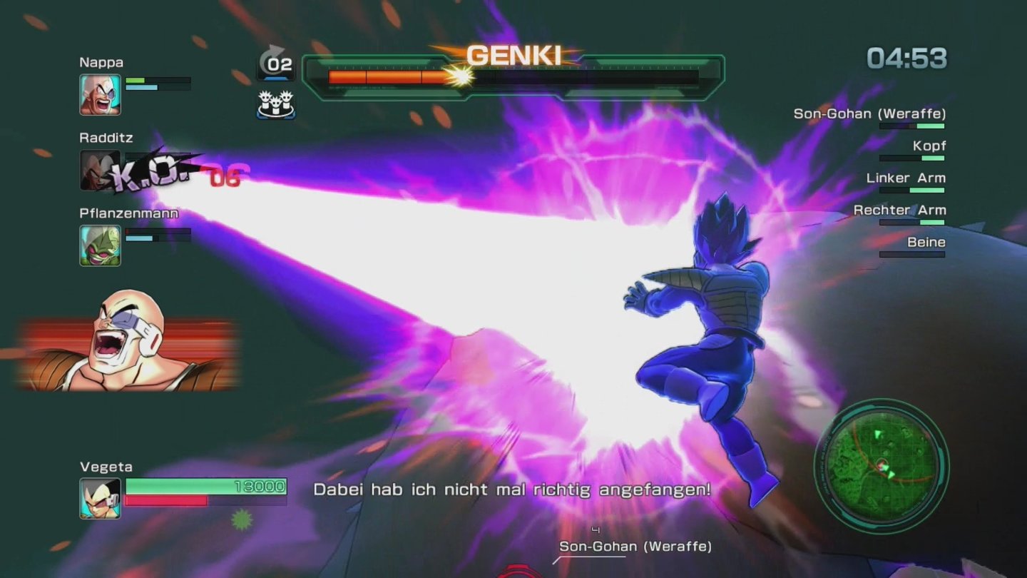Dragon Ball Z: Battle of ZJeder Charakter hat eine besonders mächtige Attacke. Um die einsetzen zu können, müssen wir unsere Energieleiste links unten im Bild mindestens bis zur Hälfte aufladen.