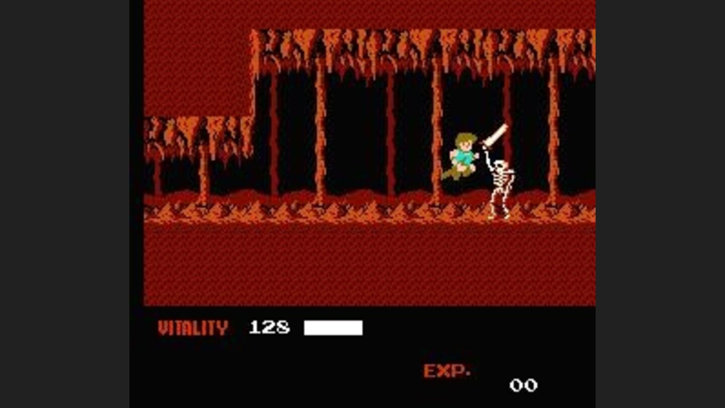 Fighting skeletons in a reddish cave