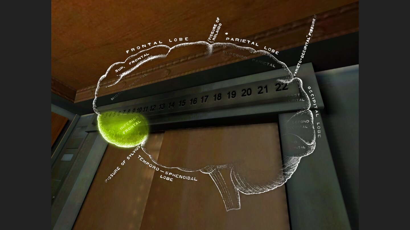 Dream RevenantVon wegen Hirnschmalz: Trotz des abgebildeten Gehirns müssen wir nur wild auf die erleuchteten Areale tippen, um den Fahrstuhl nach oben zu bewegen.