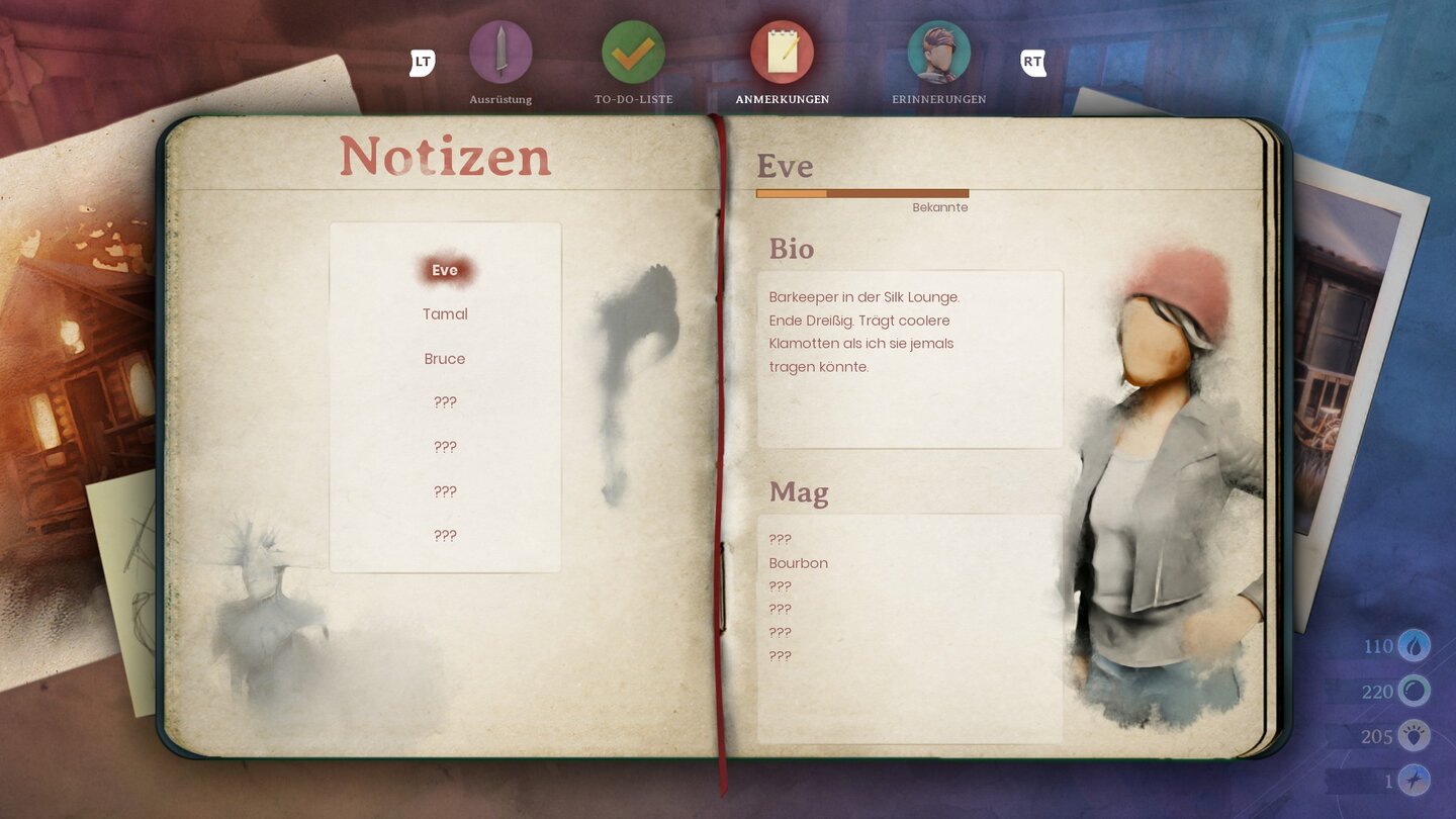 DreamscaperIm Notizbuch könnt ihr nachlesen, welche Bekanntschaft welche Vorlieben im Gespräch geäußert hat, um eure Geschenke besser planen zu können.