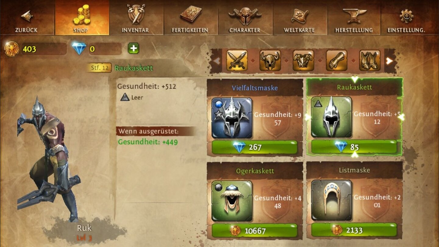 Dungeon Hunter 4Auch das Inventar ist vollgepackt mit Items, die ihr nicht tatsächlich besitzt, aber kaufen sollt.