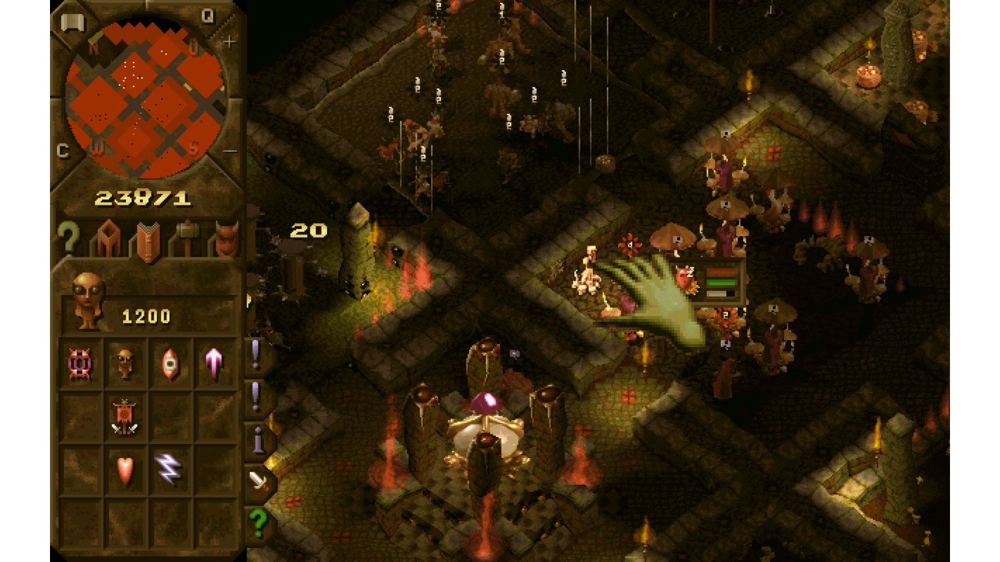 Dungeon KeeperMit dem Mauszeiger greift man als grüne Hand in die Spielwelt und versetzt so Kreaturen.
