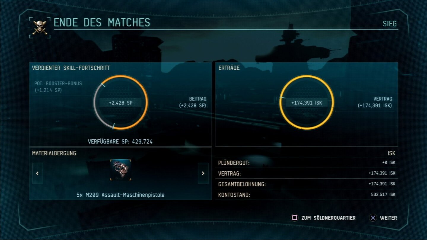 DUST 514Sieg! Nach jedem Match werden Skillpunkte, ISK und Waffen verteilt.