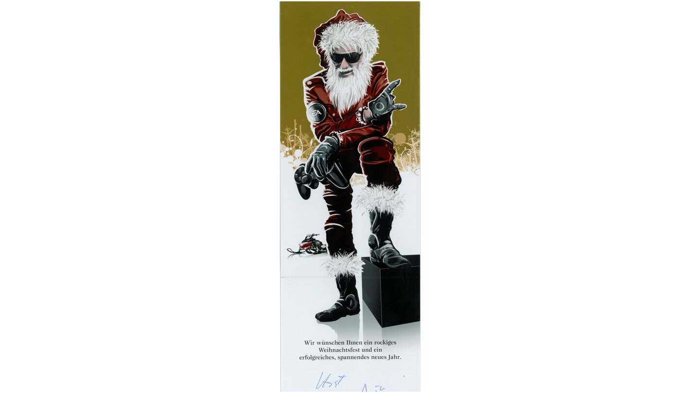 Santa rocks! EAs cooler Weihnachtsmann liefert sich in Sachen Lässigkeit ein Kopf-an-Kopf-Rennen mit Duke Nukem. Das Jahr über arbeitet er vermutlich als Aushilfsgitarrist bei ZZ Top.