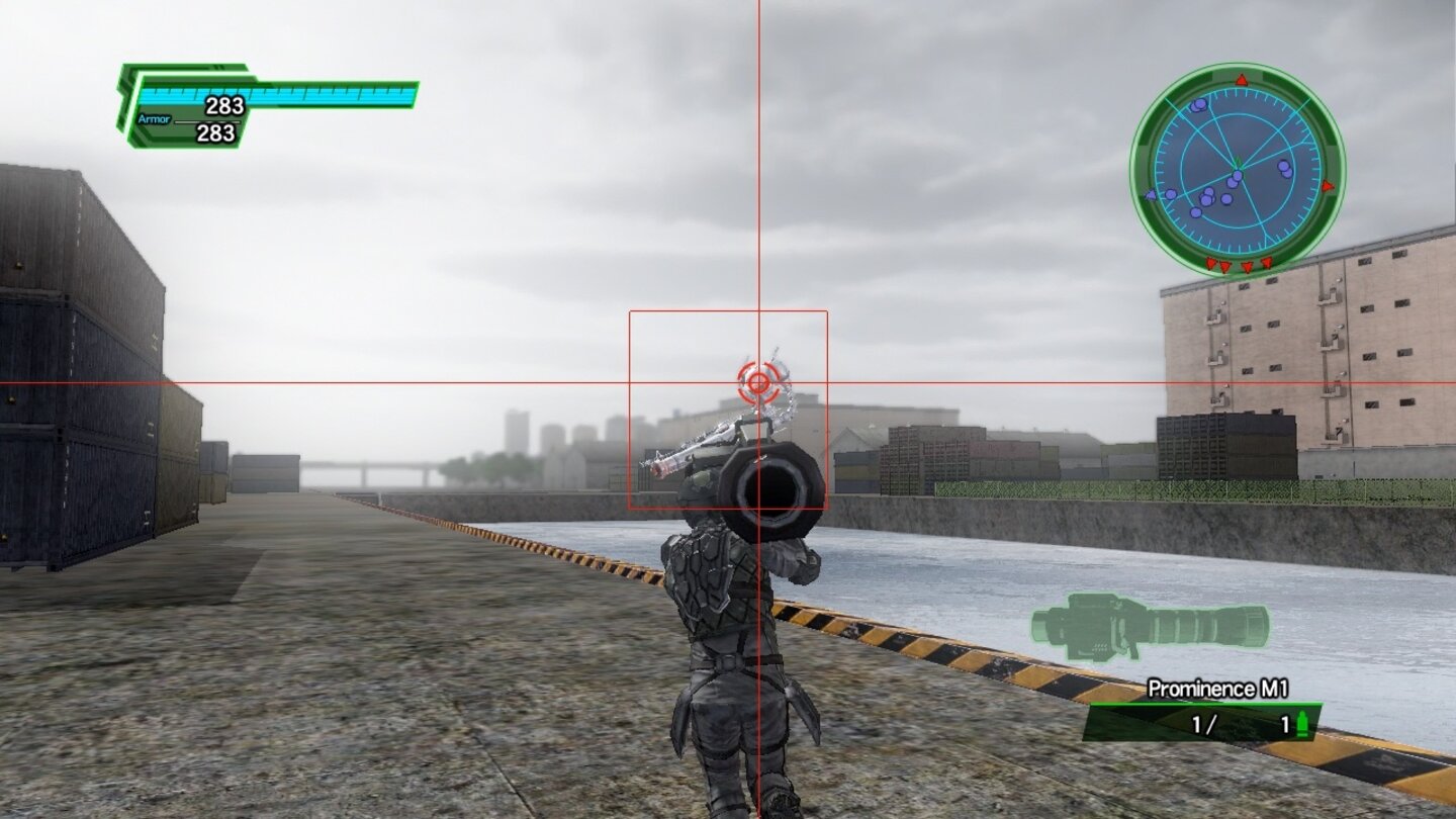 Earth Defense Force 2025Das Lock-On-System mancher Raketenwerfer lässt sich viele Sekunden Zeit, bis wir feuern können. Für Gegner wie diesen Robo ist die Waffe perfekt geeignet.