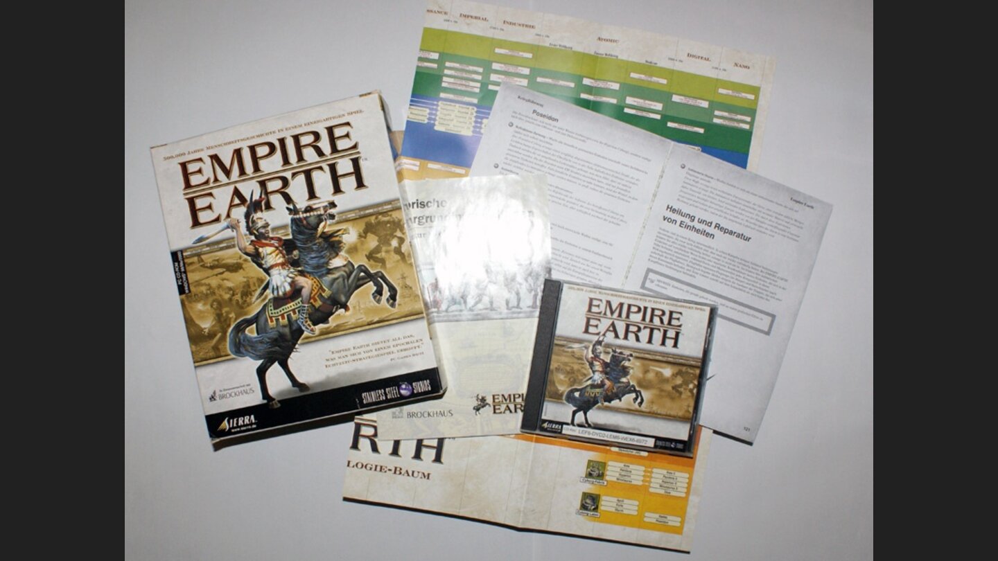 Ein echtes Umfangsmonster war Empire Earth: 200-Seiten starkes Handbuch, Historien-Extra und riesiges Technologie-Poster lagen dem Strategiespiel bei.