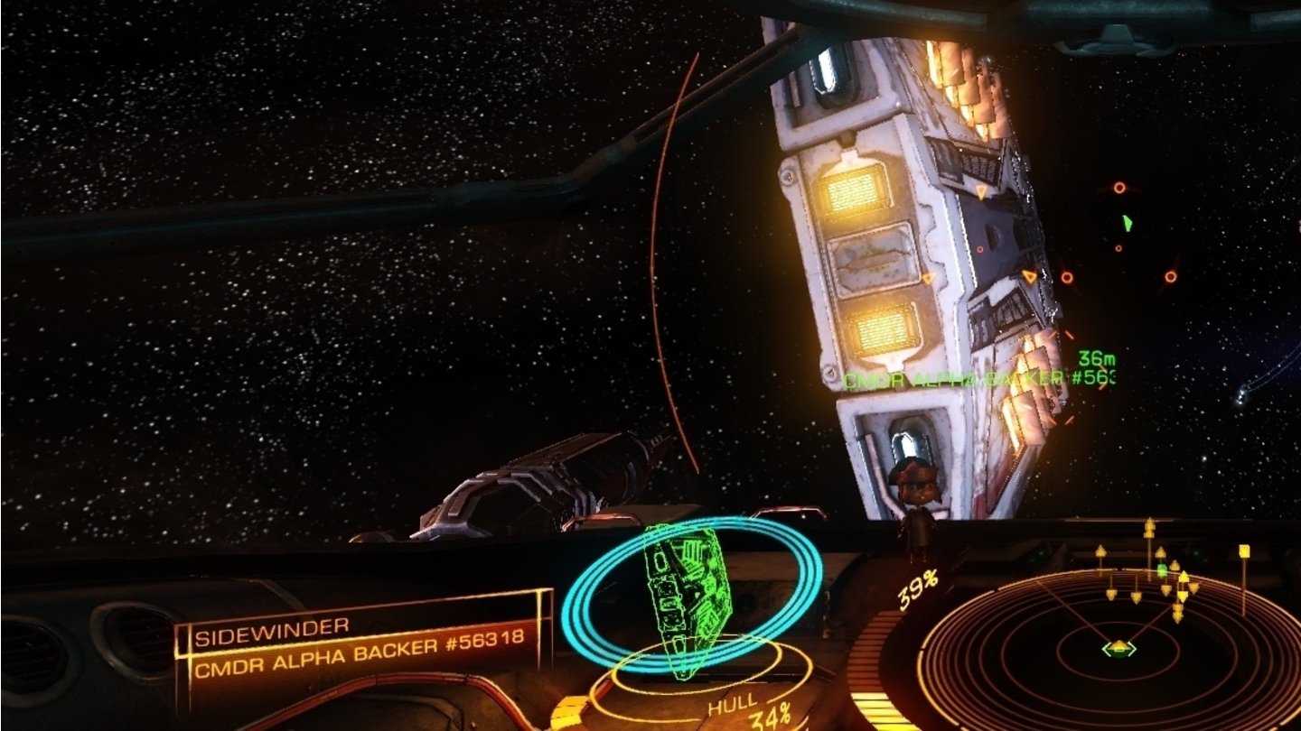 Elite: Dangerous - Beta-ScreenshotsKollege Schneider »plustert« seinen Hyperraum-Antrieb auf, seine Sidewinder scheint von innen zu brennen – gleich ist er verschwunden.
