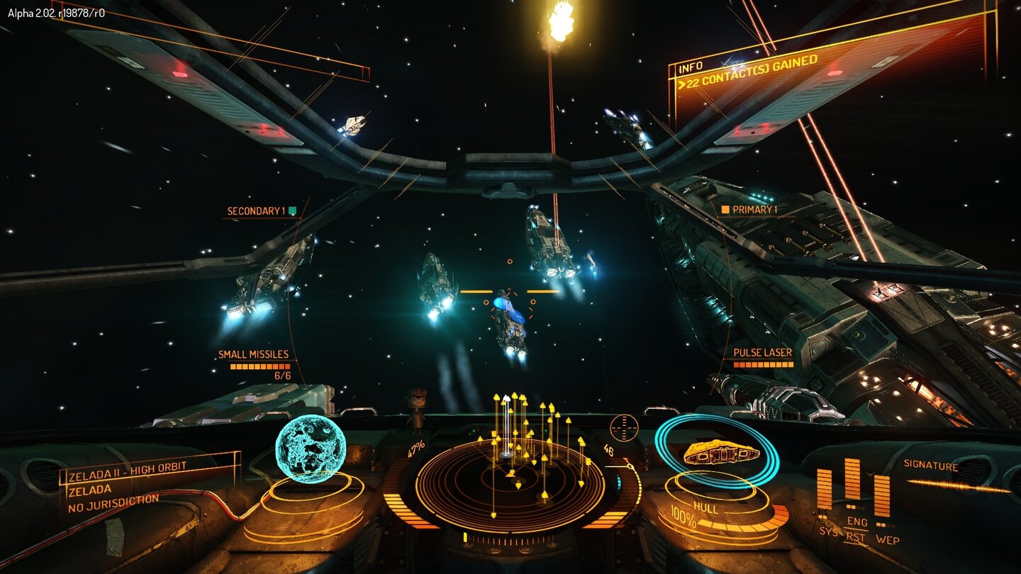 Elite: Dangerous - Screenshots aus der Kickstarter-AlphaBei Massenschlachten geht trotz Scanner-Radar im Cockpit schnell die Übersicht verloren, hier fehlen noch ein paar hilfreiche Bildschrimanzeigen.