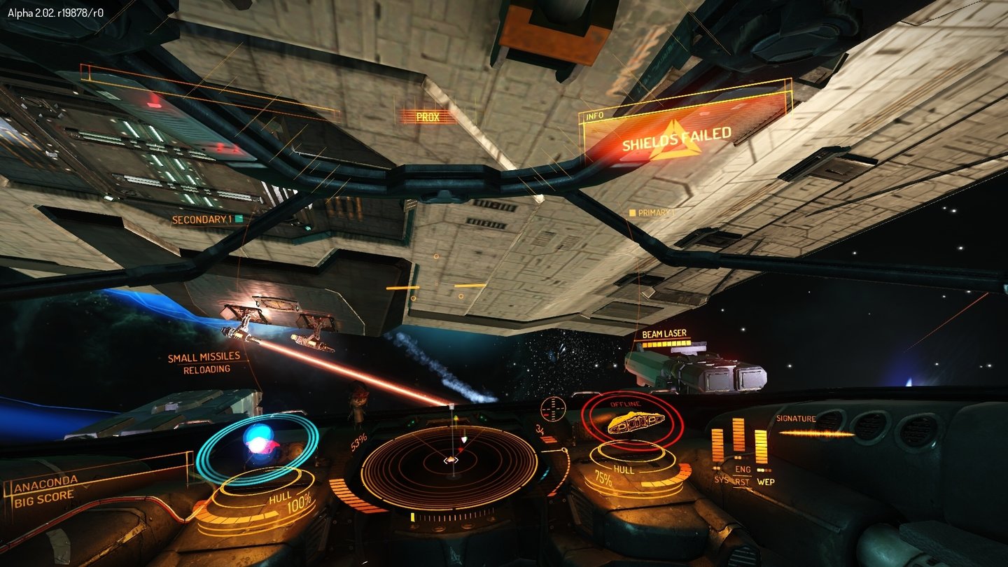 Elite: Dangerous - Screenshots aus der Kickstarter-AlphaWer so dicht an eine Anaconda rankommt, sieht sogar ihre beiden unteren Lasergeschütze.