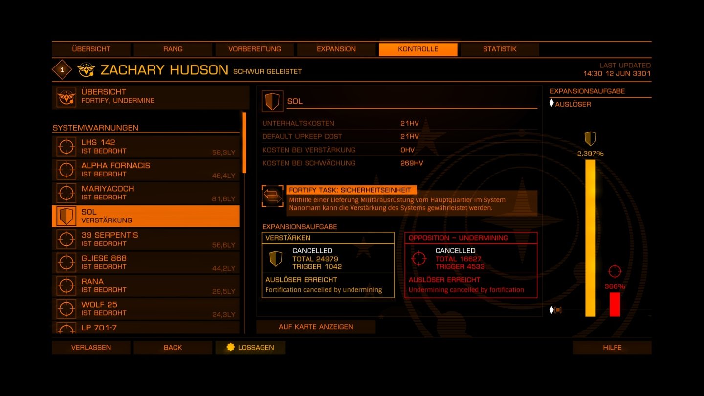 Elite: DangerousDie Liste links zeigt, welche Sternsysteme unser Boss Zachary Hudson momentan kontrolliert.