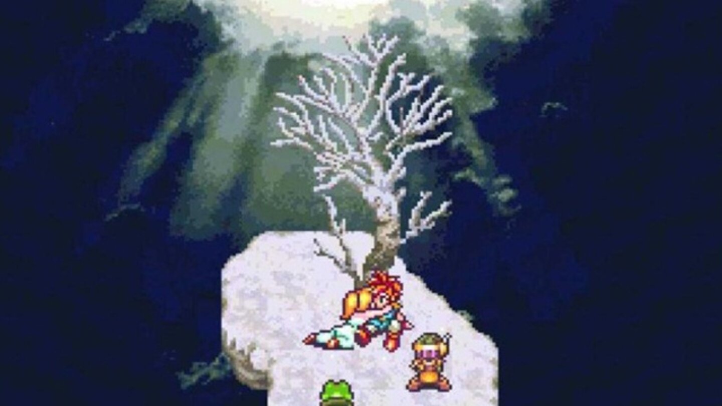 1995 - Chrono TriggerDer totgeglaubte Crono kehrt ins Leben zurück. Seine Freundin Marle fällt ihm überglücklich um den Hals und küsst ihn.