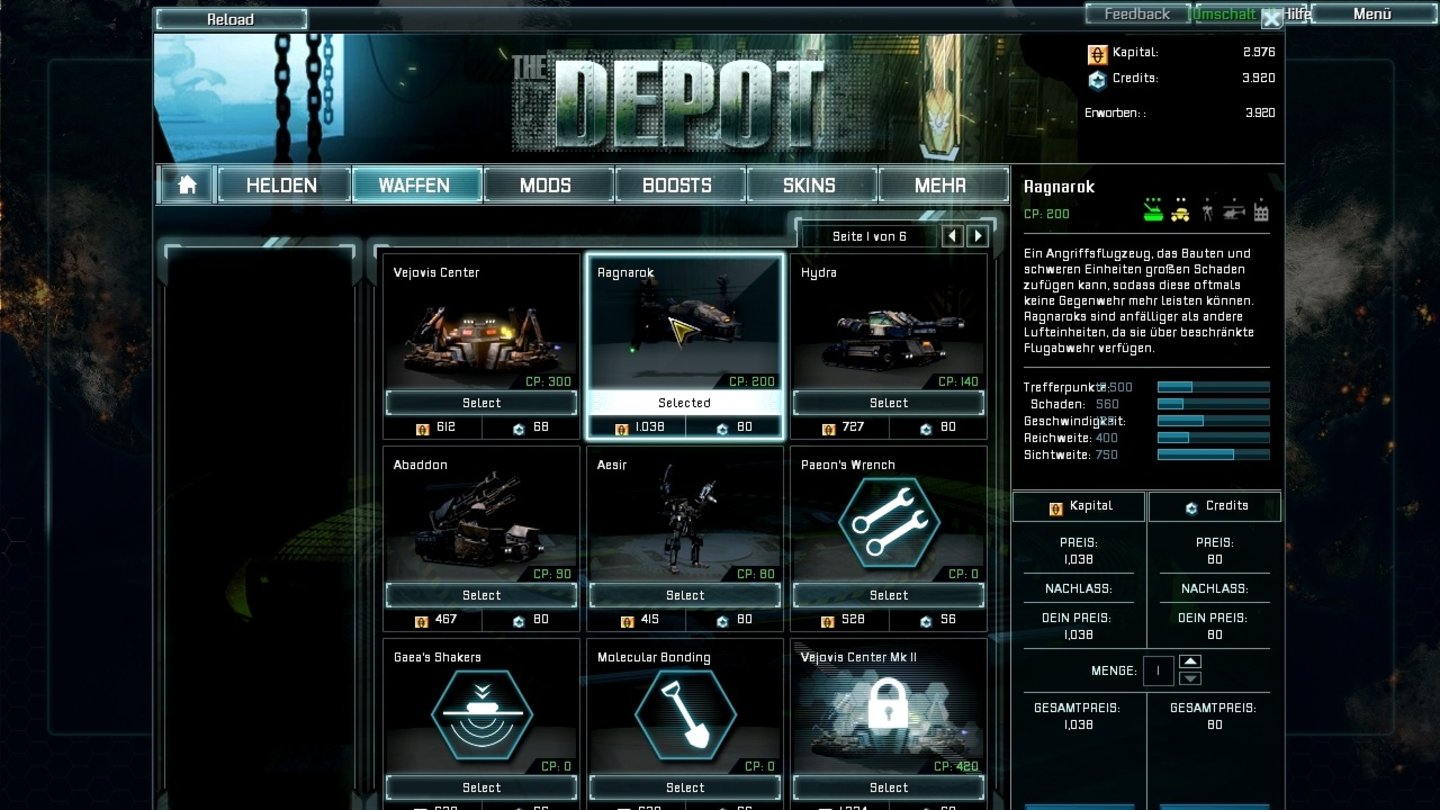 End of NationsIm Depot gibt’s Einheiten, Waffen, Mods, Skins et cetera. Was die jeweils in Echtgeld kosten, steht noch nicht fest.