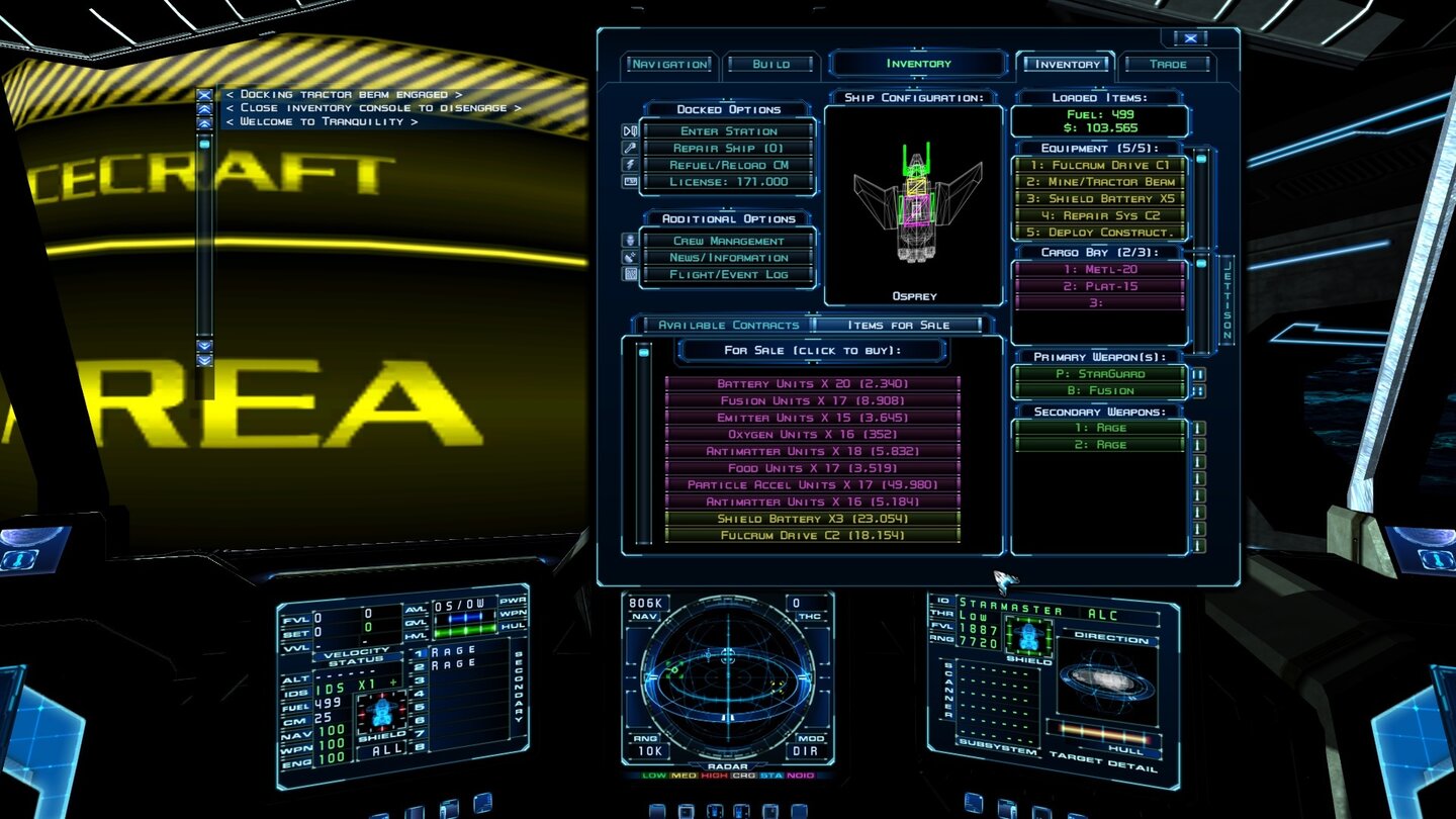 Evochron LegacyAn eine Station gedockt können wir fast alle Optionen des Spiels nutzen: Einkauf, Handel, Crewmanagement, News und Quests sowie Crafting.