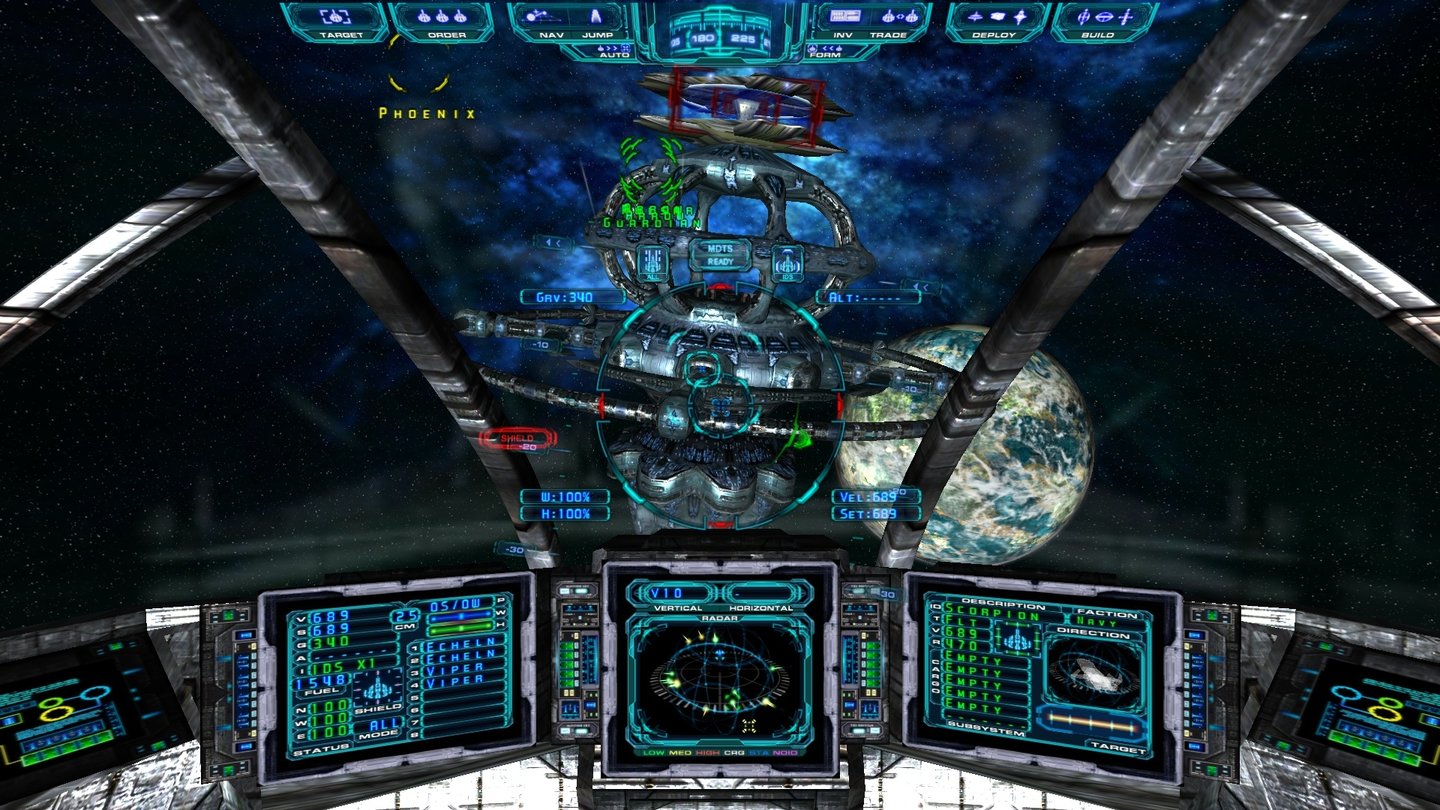 Evochron Mercenary„Solar Alpha“, die Haupthandelsstation und eines der Zentren des Evochron-Universums. Die roten Markierungen weisen den Weg zur Docking Station.