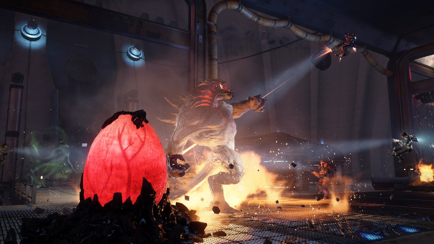 Alle vier Spielmodi von Evolve werden in Evakuierung angeboten. Wer das jeweilige Match gewinnt, kann sich auf der nächsten Karte meist über Boni freuen, beispielsweise Geschütztürme oder Warp-Portale.