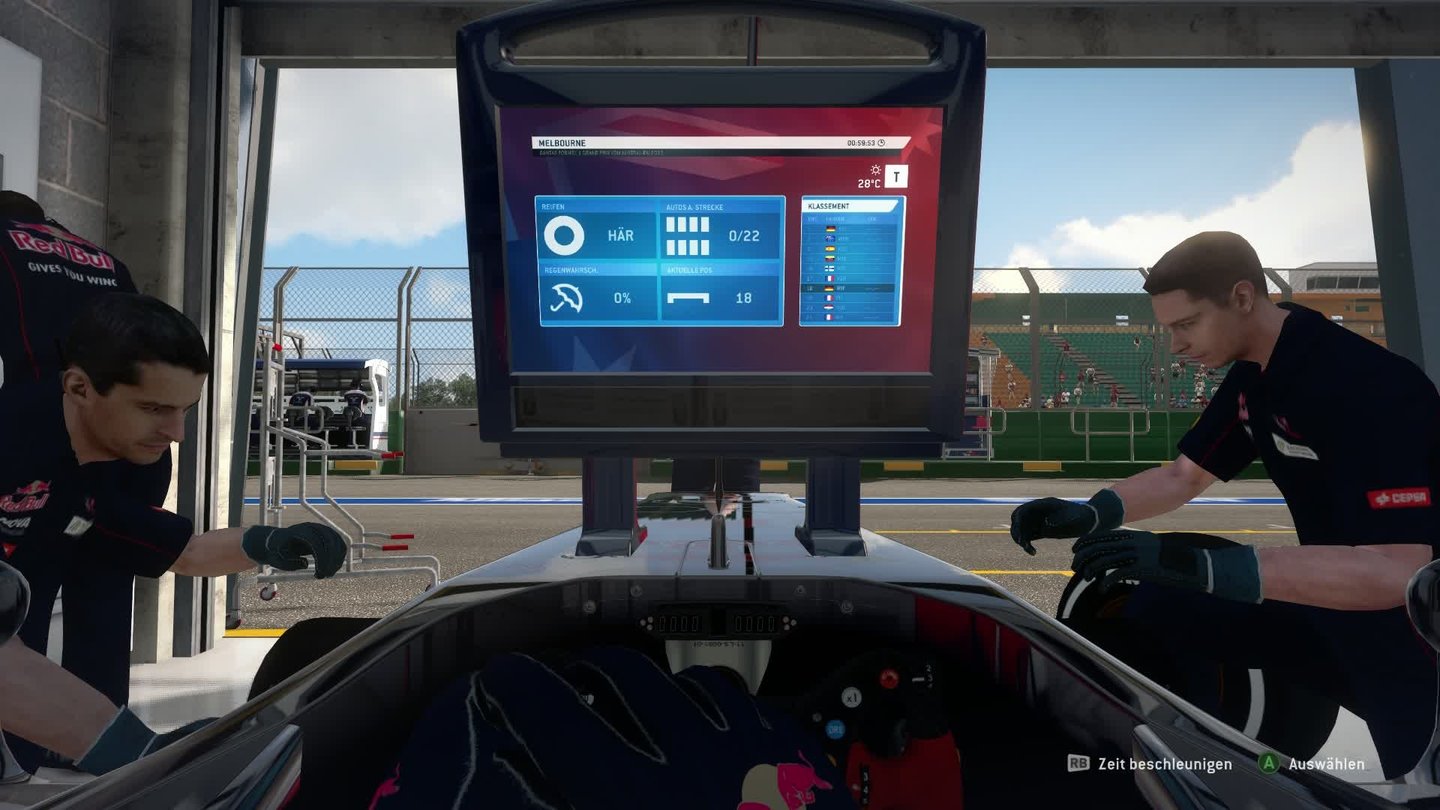 F1 2013 - Screenshots der PC-VersionIn der Garage bekommen wir letzte Infos zu den Zeiten der Konkurrenz und zu den Wetterverhältnissen.