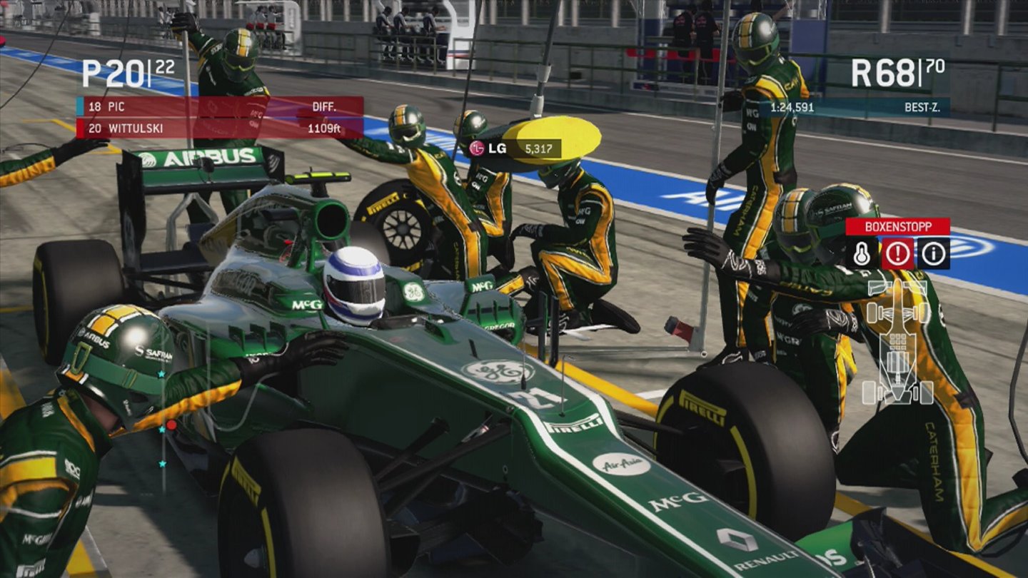 F1 2013 - Screenshots der Konsolen-VersionBoxenstops sehen gut aus, laufen von der Ein- bis zur Ausfahrt aber leider immer noch komplett automatisiert ab.