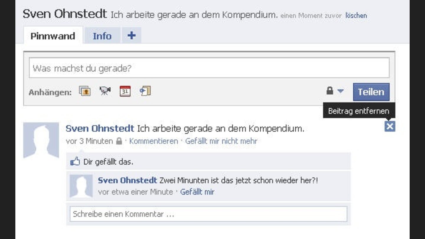 Der Beitrag lässt sich über das zu sehende Kreuzchen auch wieder von der Pinnwand entfernen.