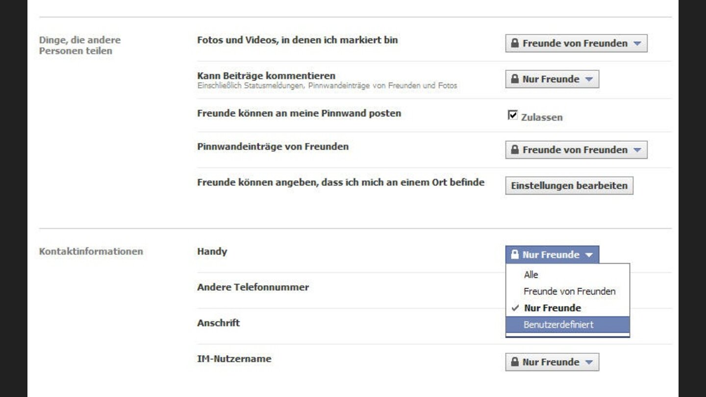 Die Kontaktinformationen verdienen Ihre besondere Aufmerksamkeit. Überlegen Sie sich, ob Sie den Zugriff auf Ihre Daten noch stärker einschränken möchten. Über die Auswahl »Benutzerdefiniert«...
