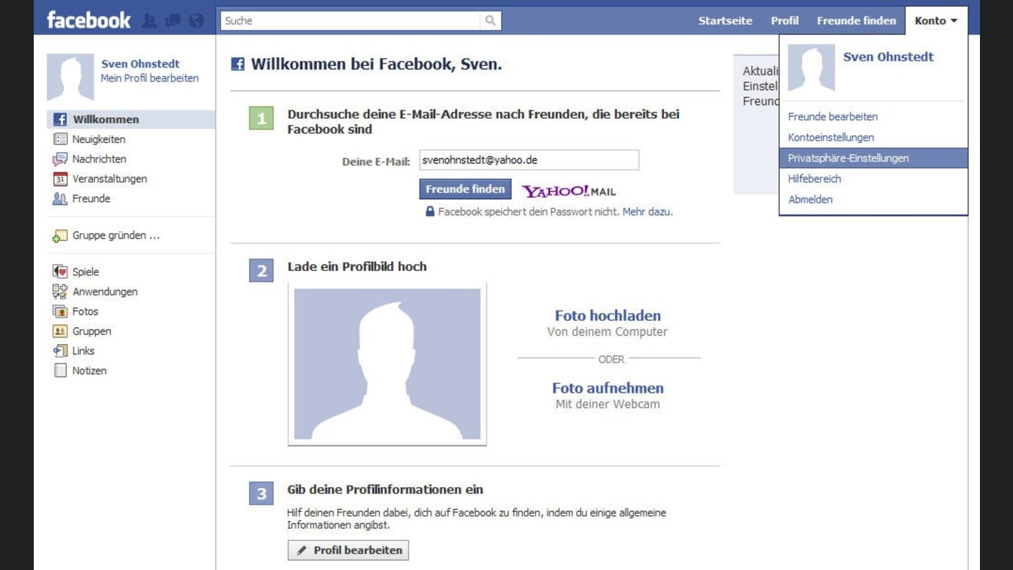 Suchen Sie zunächst Ihre Privatsphäre-Einstellungen über das Menü »Konto« auf.