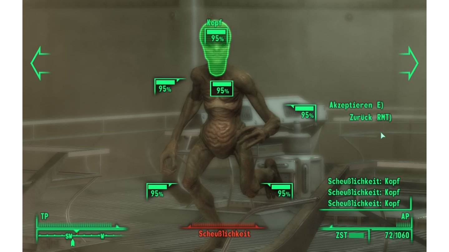 2008 – Fallout 3In Bethesdas Rollenspiel Fallout 3 können wir die Zeit zwar nicht verlangsamen aber anhalten. Haben wir genügend AP-Punkte dürfen wir das Vault-Tec Assisted Targeting System (V.A.T.S.) aktivieren um den Kampf zu pausieren. In diesem Modus können einzelne Körperteile der Gegner ausgewählt werden auf die unser Charakter nach dem Verlassen des V.A.T.S.-Modus automatisch schießt. Je nach Entfernung und Geschwindigkeit des Feindes ermittelt das System unsere prozentuale Trefferchance.